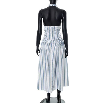 Striped bowknot zip-up halter maxi dress  | Festival Outfits Women