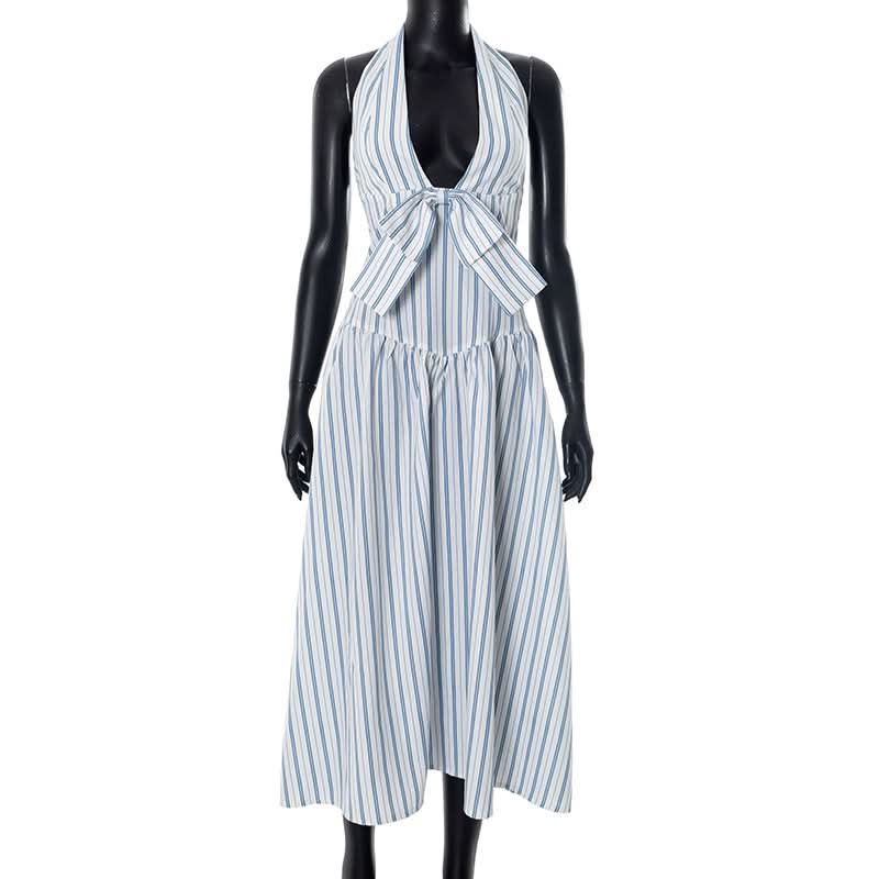 Striped bowknot zip-up halter maxi dress  | Festival Outfits Women