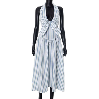 Striped bowknot zip-up halter maxi dress  | Festival Outfits Women