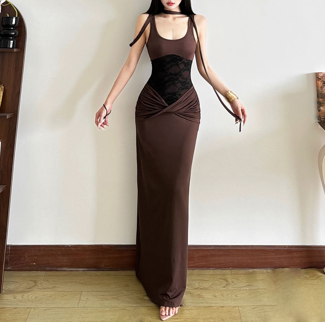 U neck lace patchwork ruched maxi dress  | Festival Outfits Women