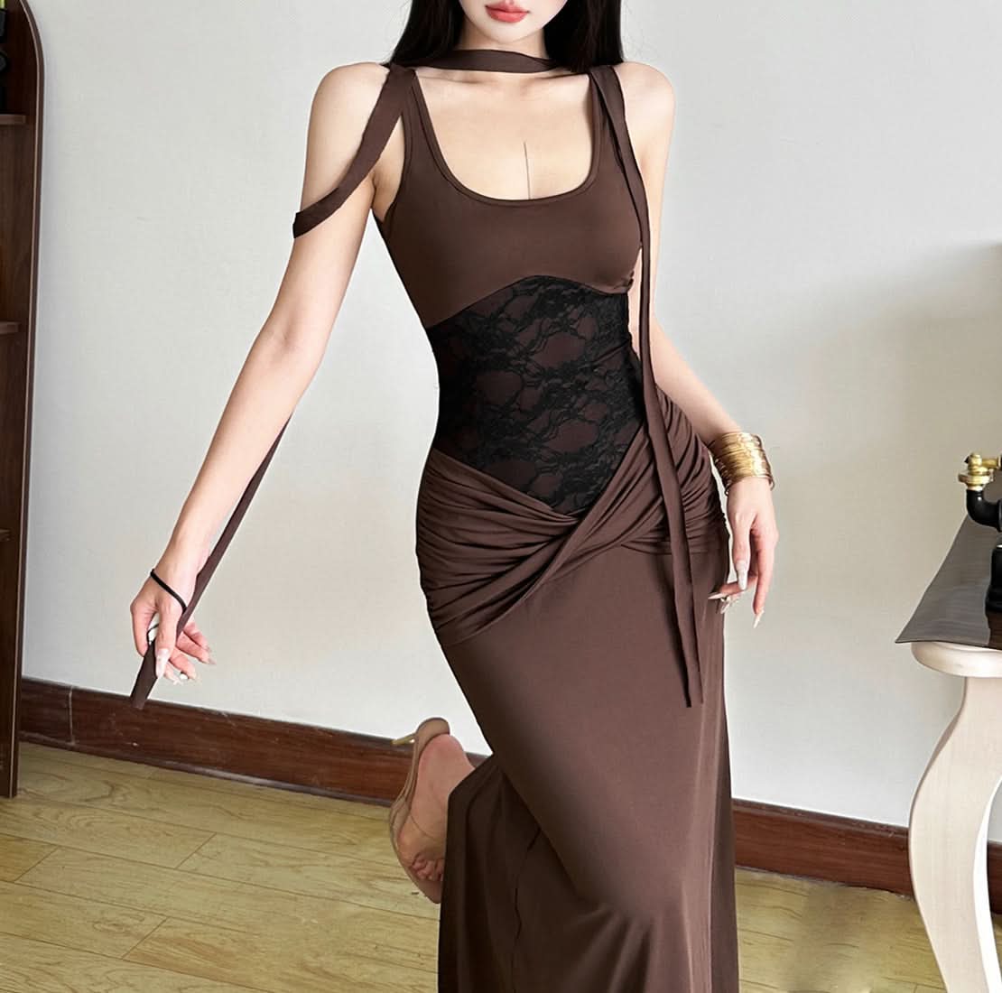 U neck lace patchwork ruched maxi dress  | Festival Outfits Women