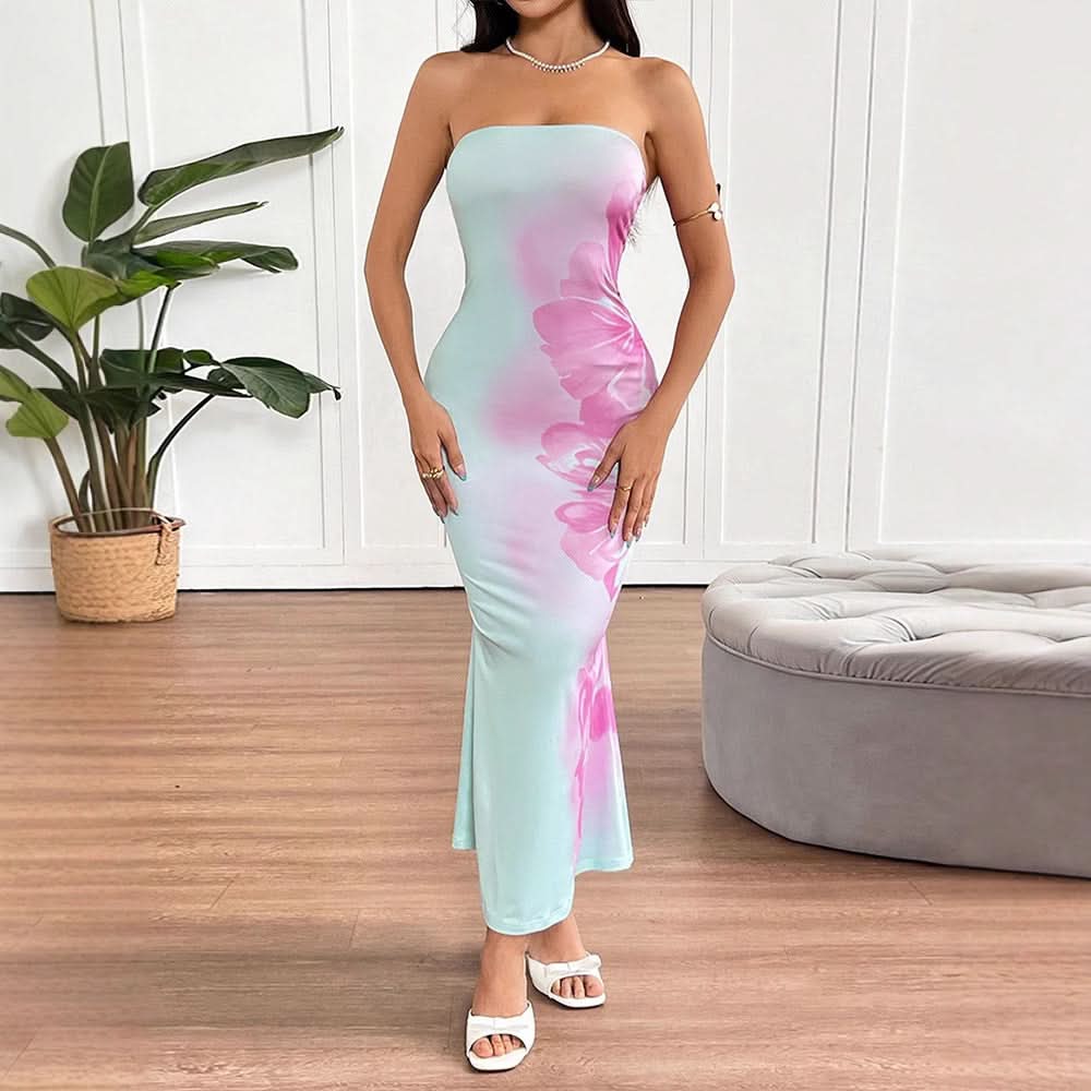 Flower print backless tube maxi dress  | Festival Outfits Women