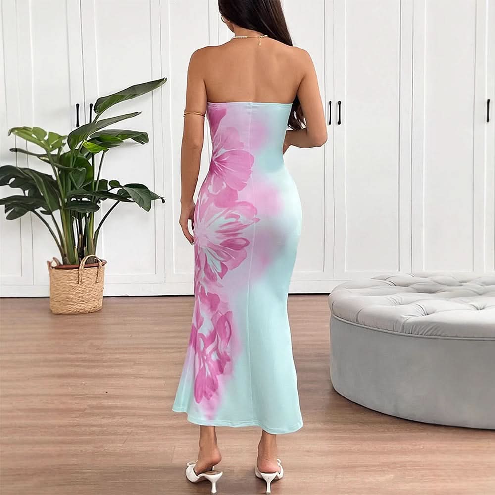 Flower print backless tube maxi dress  | Festival Outfits Women