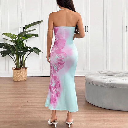 Flower print backless tube maxi dress  | Festival Outfits Women