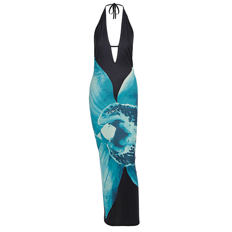Halter v neck print backless maxi dress  | Festival Outfits Women