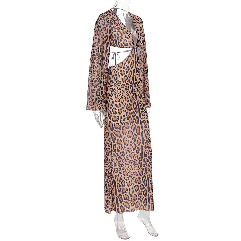 V neck leopard print long sleeve hollow out cut out maxi dress  | Festival Outfits Women