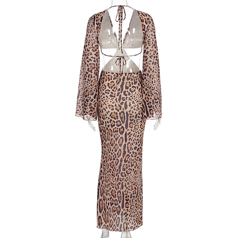 V neck leopard print long sleeve hollow out cut out maxi dress  | Festival Outfits Women