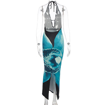 Halter v neck print backless maxi dress  | Festival Outfits Women