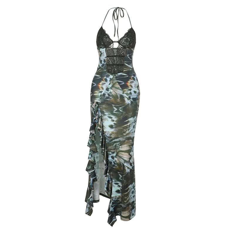 Halter self tie ruffle print v neck maxi dress  | Festival Outfits Women