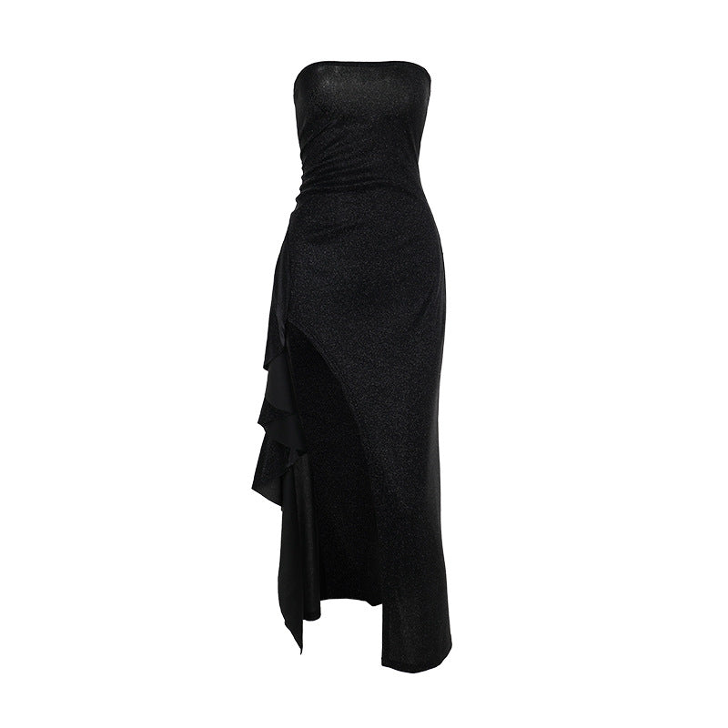 Glitter high slit ruffle tube maxi dress  | Festival Outfits Women