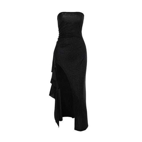 Glitter high slit ruffle tube maxi dress  | Festival Outfits Women