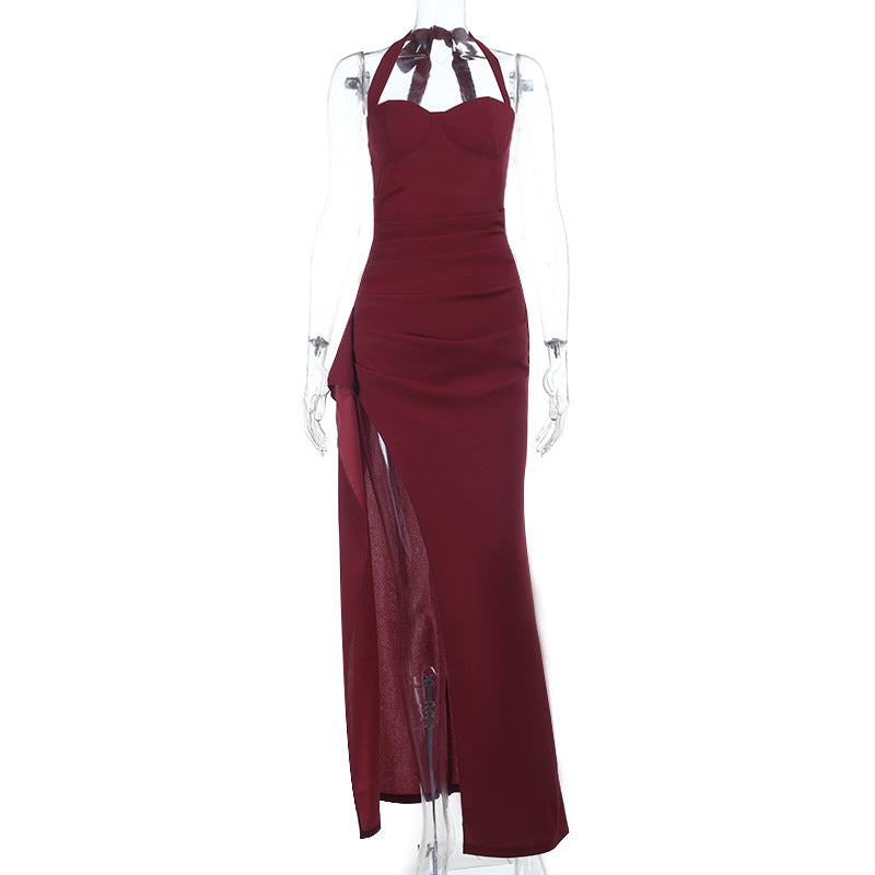 Halter high slit ruched solid maxi dress  | Festival Outfits Women