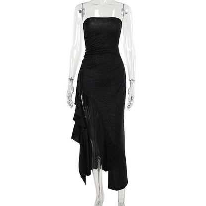 Glitter high slit ruffle tube maxi dress  | Festival Outfits Women