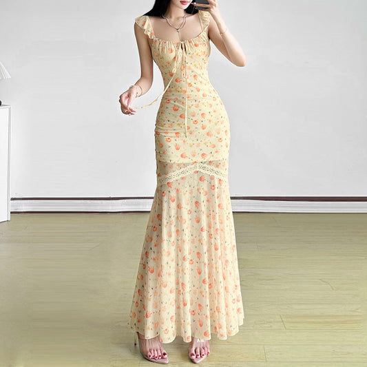 Mesh print ruched self tie lace hem maxi dress  | Festival Outfits Women
