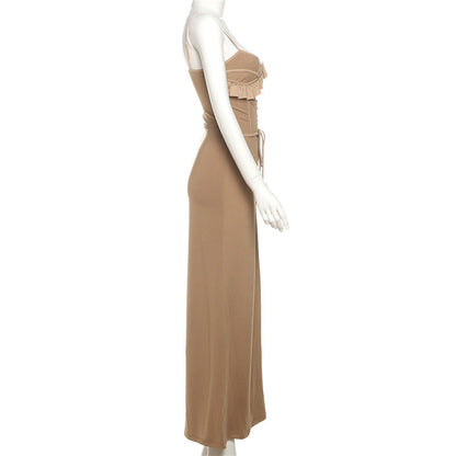 Lace up ruffle solid cami maxi dress  | Festival Outfits Women