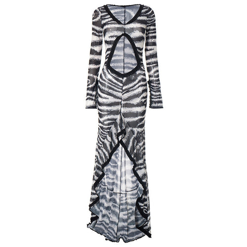 Zebra print hollow out slit ruffle cut out maxi dress  | Festival Outfits Women