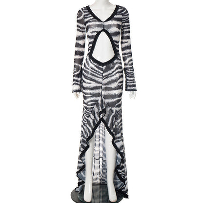 Zebra print hollow out slit ruffle cut out maxi dress  | Festival Outfits Women