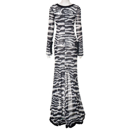 Zebra print hollow out slit ruffle cut out maxi dress  | Festival Outfits Women