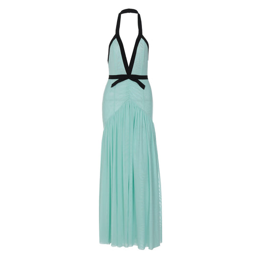 Halter ruched mesh deep V neck maxi dress  | Festival Outfits Women