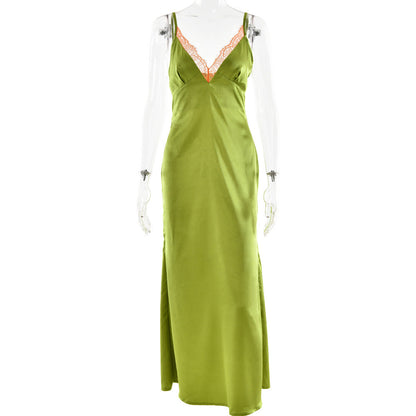 Satin lace hem v neck zip-up cami maxi dress  | Festival Outfits Women