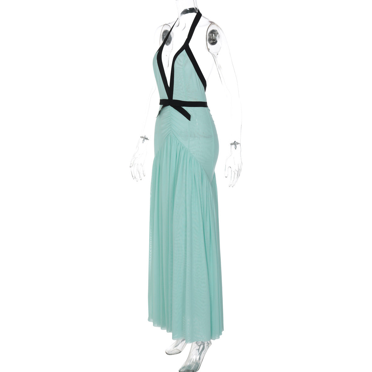 Halter ruched mesh deep V neck maxi dress  | Festival Outfits Women