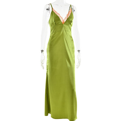 Satin lace hem v neck zip-up cami maxi dress  | Festival Outfits Women