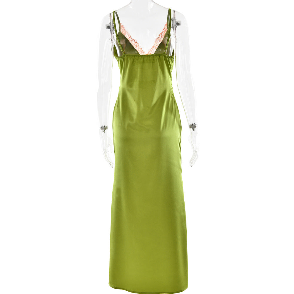 Satin lace hem v neck zip-up cami maxi dress  | Festival Outfits Women