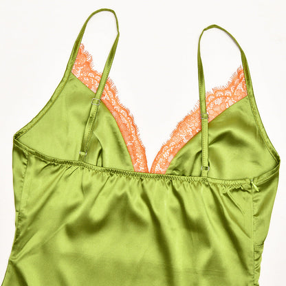 Satin lace hem v neck zip-up cami maxi dress  | Festival Outfits Women