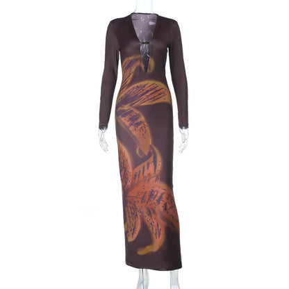 Hollow out beaded long sleeve print cut out maxi dress  | Festival Outfits Women