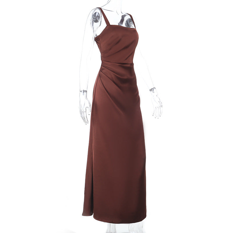 Square neck satin ruched zip-up cami maxi dress  | Festival Outfits Women