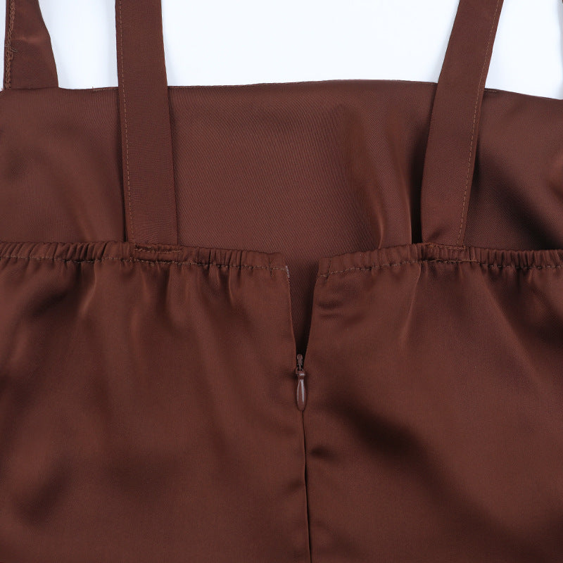 Square neck satin ruched zip-up cami maxi dress  | Festival Outfits Women