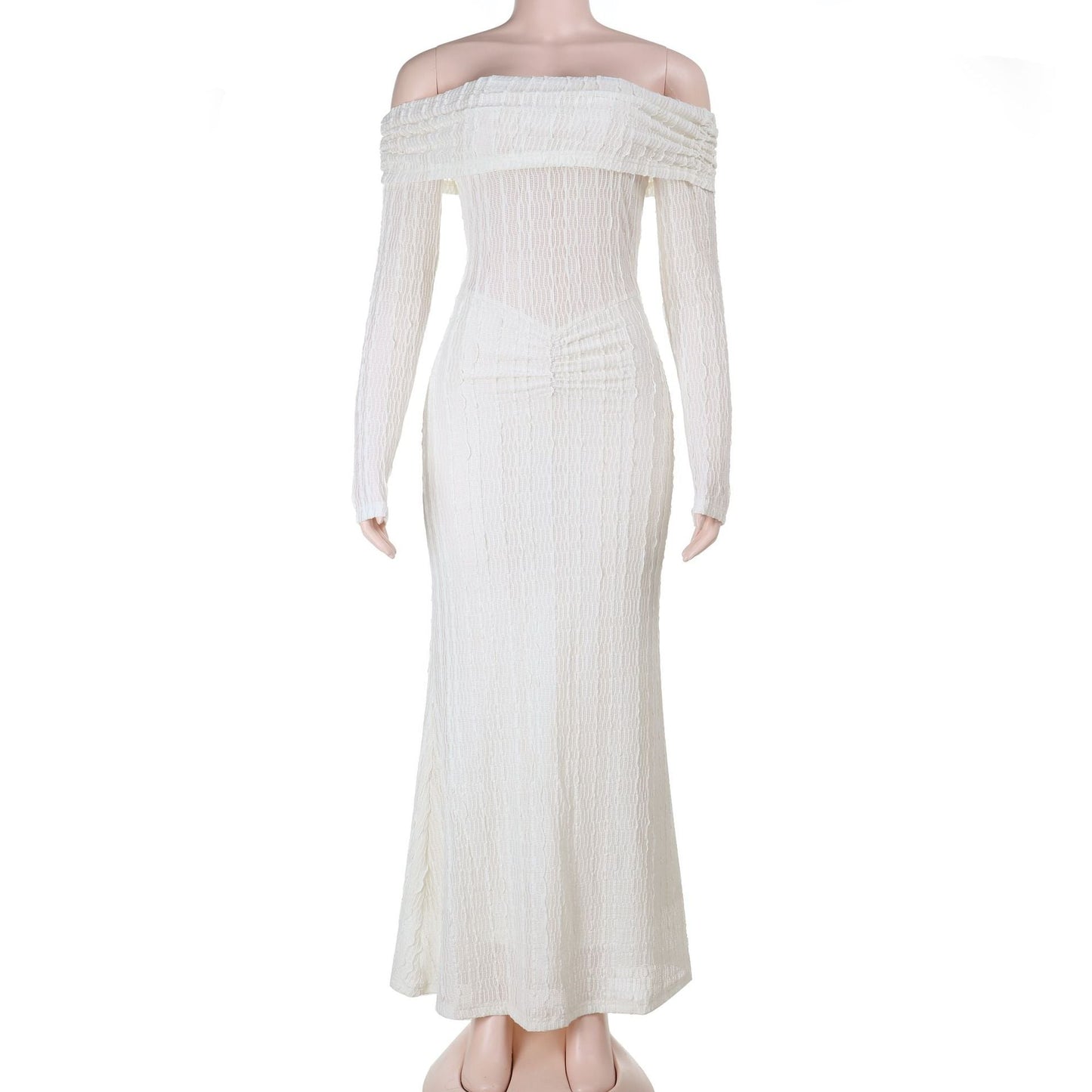 Off shoulder long sleeve textured ruched maxi dress  | Festival Outfits Women