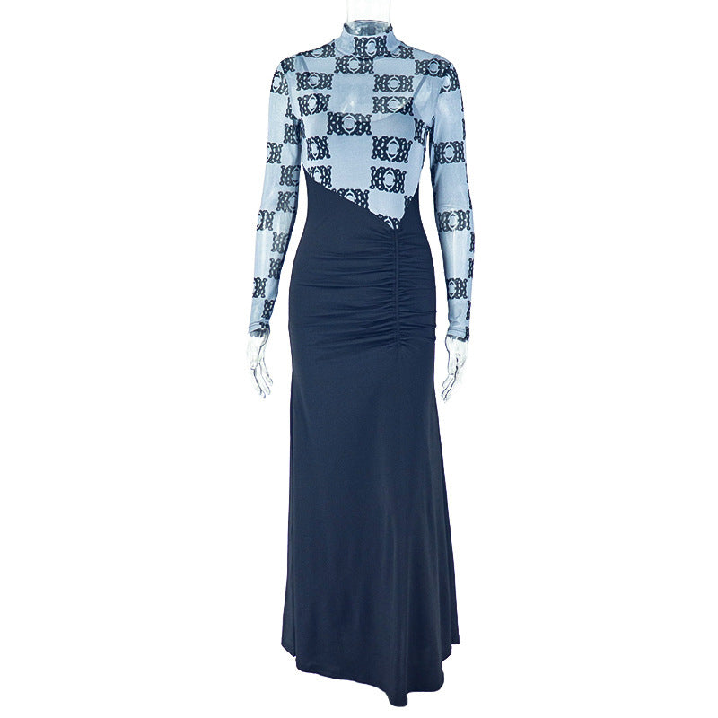 High neck long sleeve ruched print maxi dress  | Festival Outfits Women