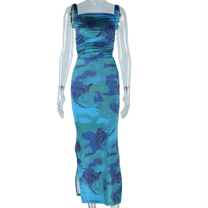 Square neck ruched print backless self tie cami maxi dress  | Festival Outfits Women