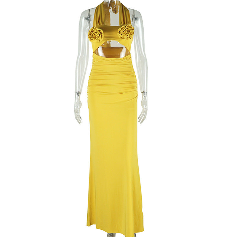 Halter flower applique hollow out cut out maxi dress  | Festival Outfits Women