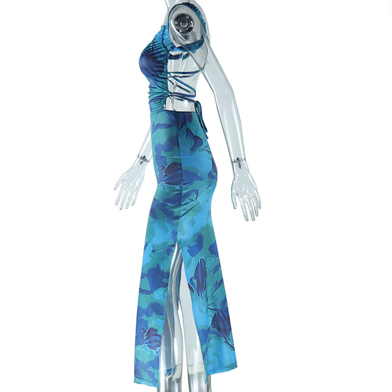 Square neck ruched print backless self tie cami maxi dress  | Festival Outfits Women