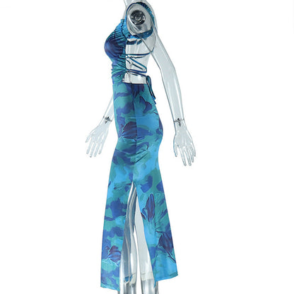 Square neck ruched print backless self tie cami maxi dress  | Festival Outfits Women
