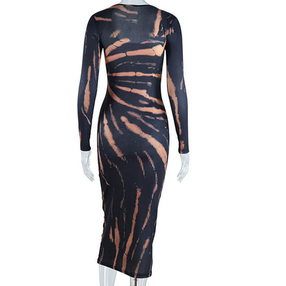 U neck long sleeve print maxi dress  | Festival Outfits Women