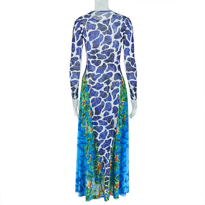 Long sleeve crewneck contrast print maxi dress  | Festival Outfits Women