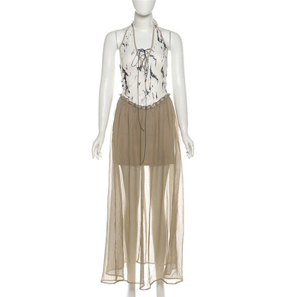 Halter v neck backless print ruffle maxi dress  | Festival Outfits Women