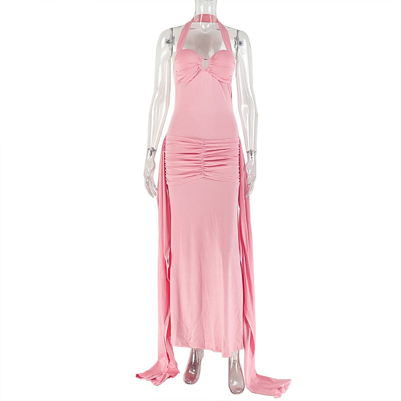 Halter ruched backless o ring maxi dress  | Festival Outfits Women