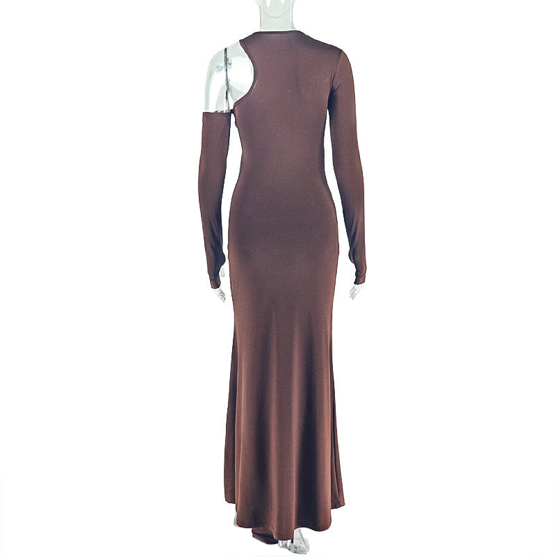 Crewneck long sleeve ruched hollow out cut out maxi dress  | Festival Outfits Women