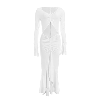 Long sleeve hollow out ruched v neck cut out maxi dress  | Festival Outfits Women
