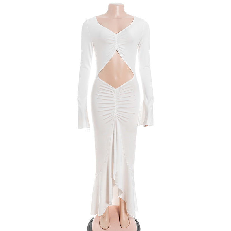 Long sleeve hollow out ruched v neck cut out maxi dress  | Festival Outfits Women