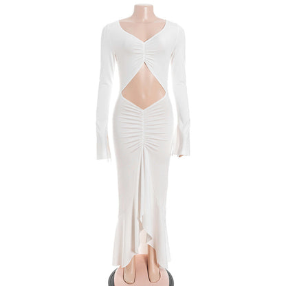 Long sleeve hollow out ruched v neck cut out maxi dress  | Festival Outfits Women