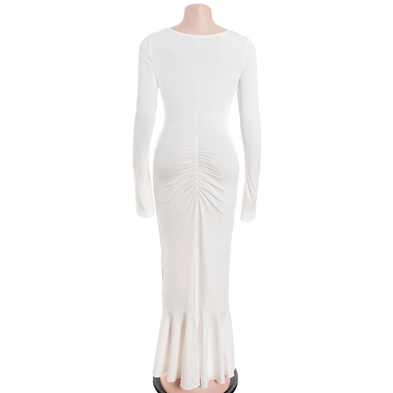 Long sleeve hollow out ruched v neck cut out maxi dress  | Festival Outfits Women
