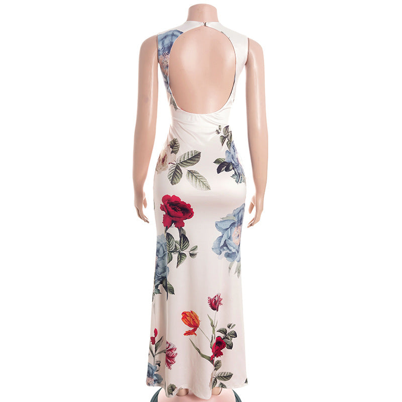 Crewneck flower print backless maxi dress  | Festival Outfits Women