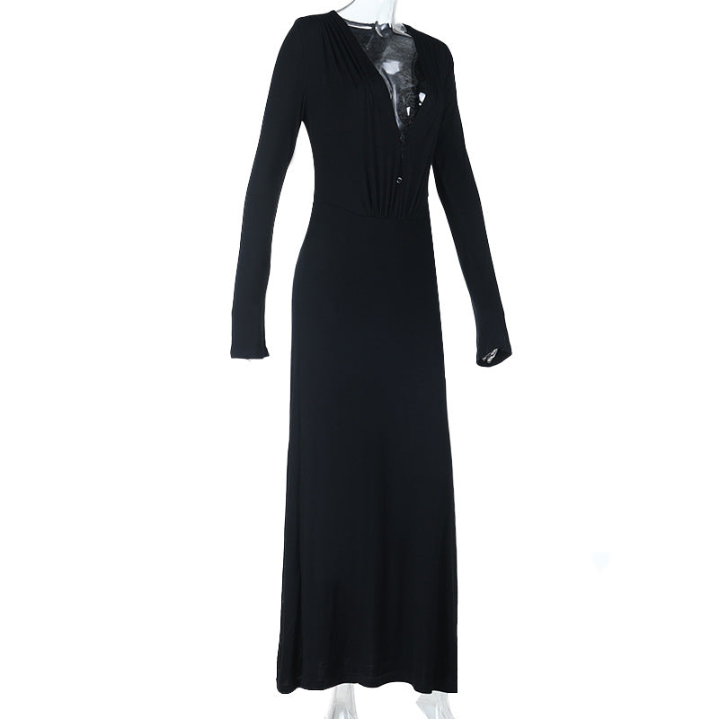V neck long sleeve button ruched maxi dress  | Festival Outfits Women