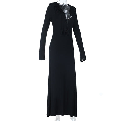 V neck long sleeve button ruched maxi dress  | Festival Outfits Women