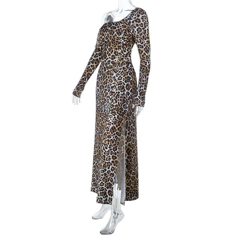 Leopard print one shoulder long sleeve slit maxi dress  | Festival Outfits Women